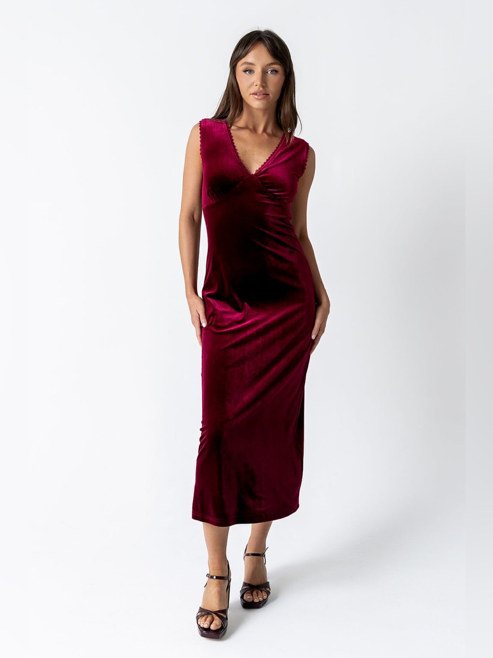 NWT Bohme Velvet Kalani Lace Trim Maxi Tank Dress in Burgundy